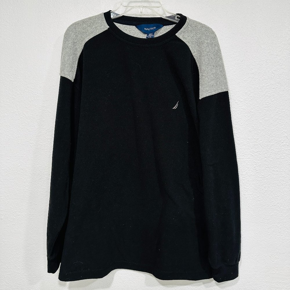 Nautica Pullover Fleece Sweatshirt Sweater Black Gray Crew Neck Long Slvs Mens L